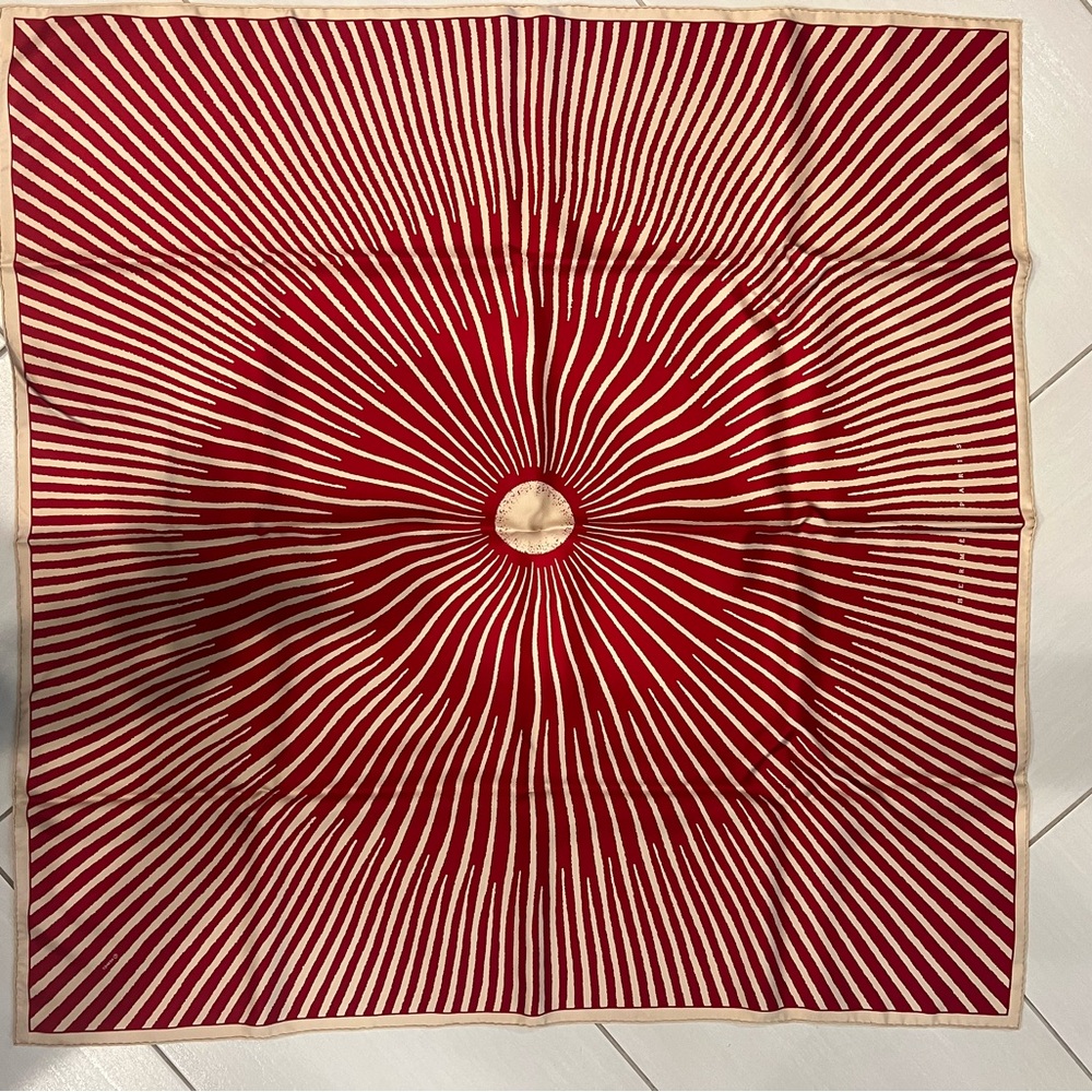 Like new! Hermes cranberry and ecru by Fred Rawler silk scarf with box. 35x34.5